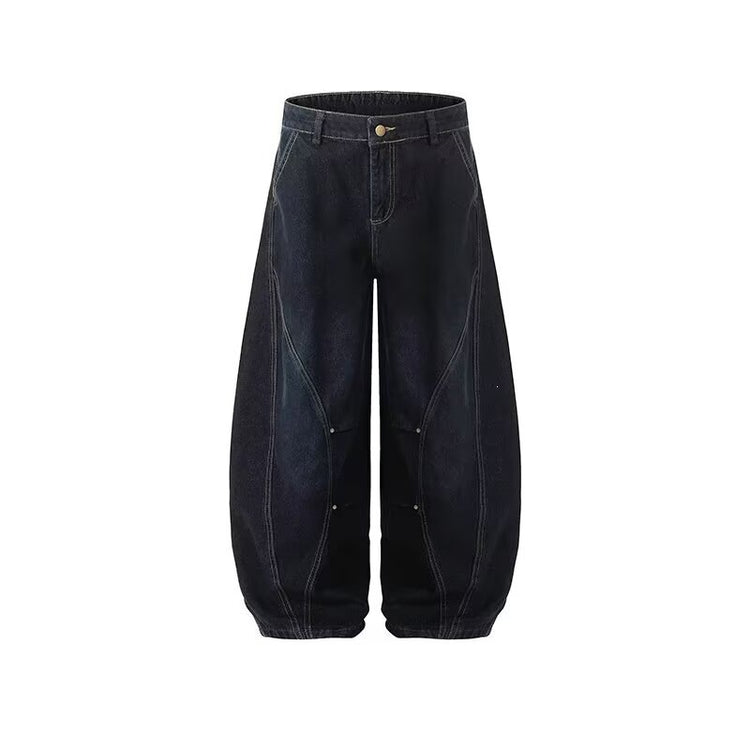 American vintage patchwork deconstructed collection of exposed lines and curved blade silhouette blue jeans for men, loose design wide-leg pants