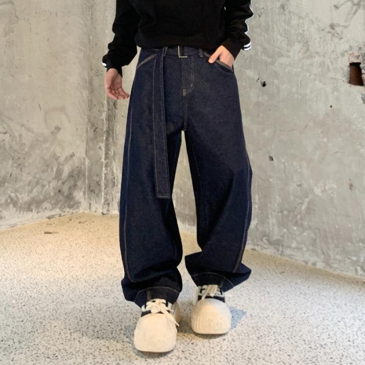 New trendy brand loose straight dark blue washed jeans scimitar pants for men