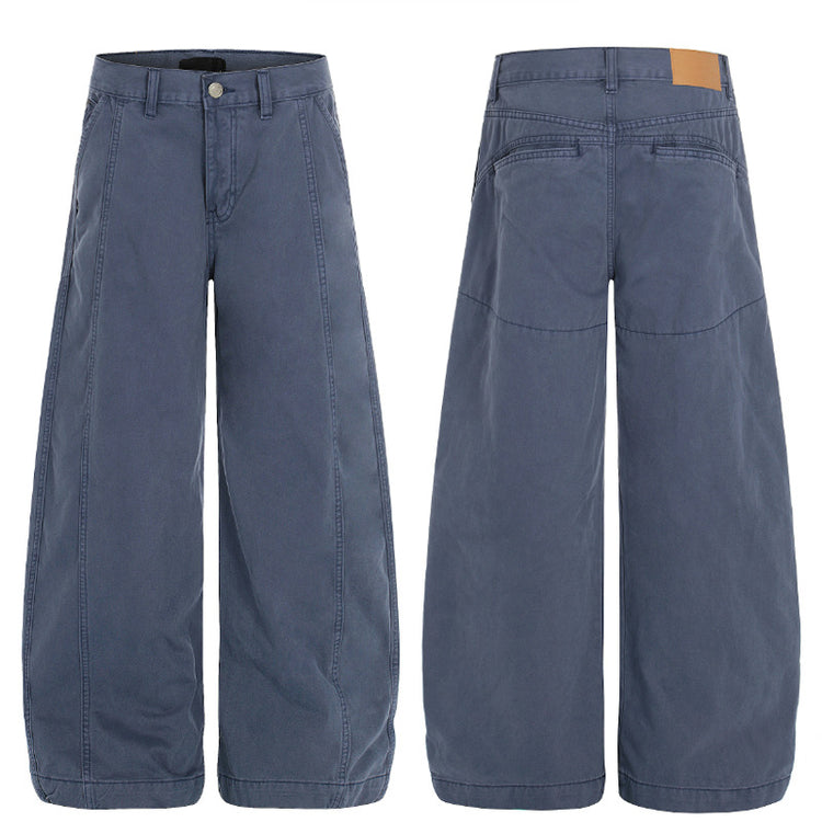 Autumn and winter new French blue retro high-waisted workwear casual trousers trendy design loose straight washed trousers