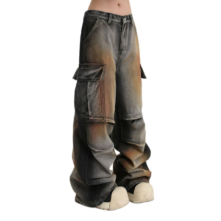 American vintage dirty dye distressed large pocket utility jeans, trendy street hip-hop spring/summer casual pants for men and women
