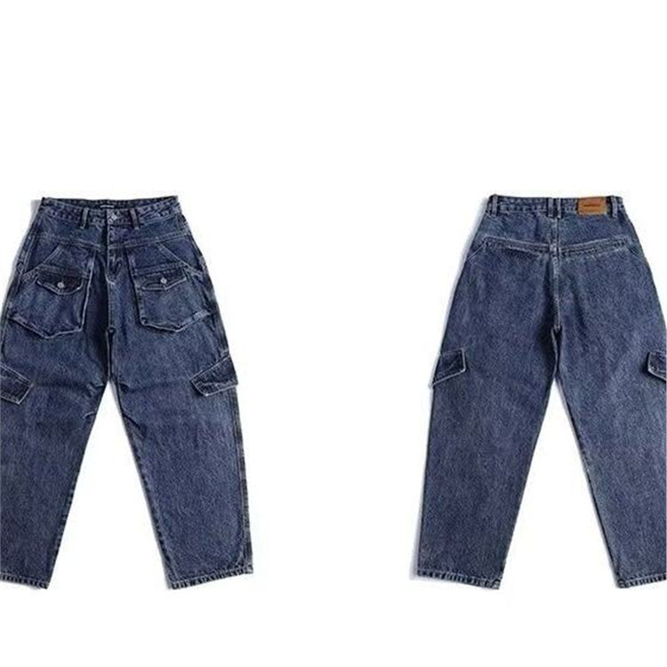 Retro multi-pocket utility jeans for men, 2026 spring, roguish cool loose high street straight-leg wide-leg deconstructed pants