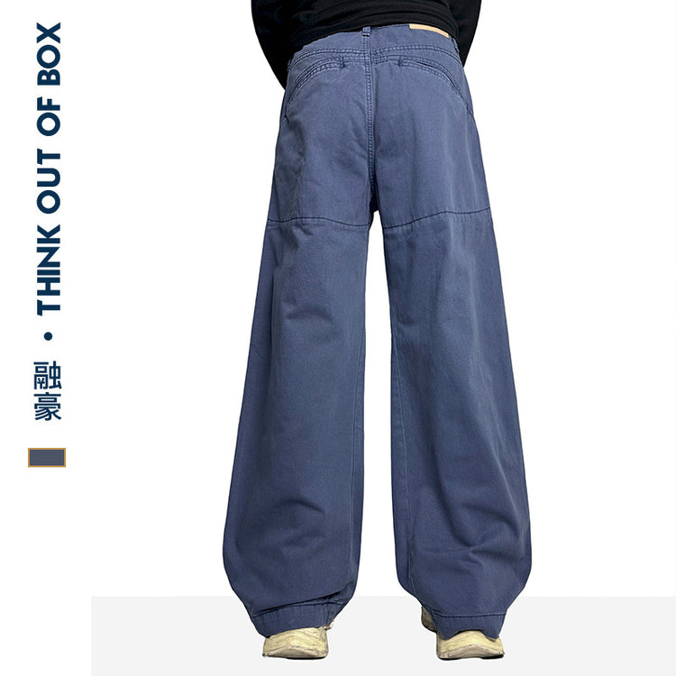 Autumn and winter new French blue retro high-waisted workwear casual trousers trendy design loose straight washed trousers