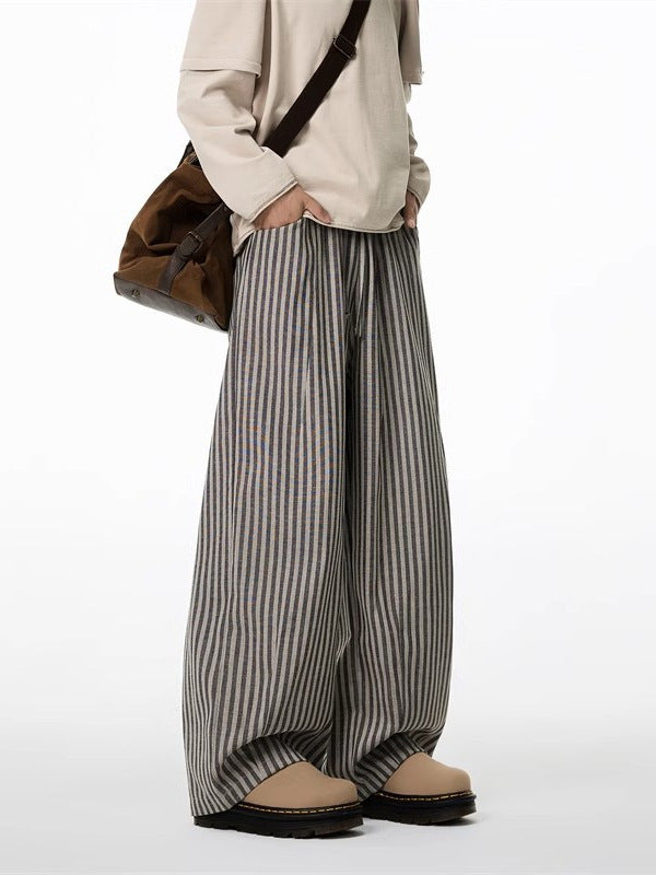 American relaxed, vertical striped slacks, men's and women's spring lazy style, straight-leg pants, scimitar wide-leg mop pants
