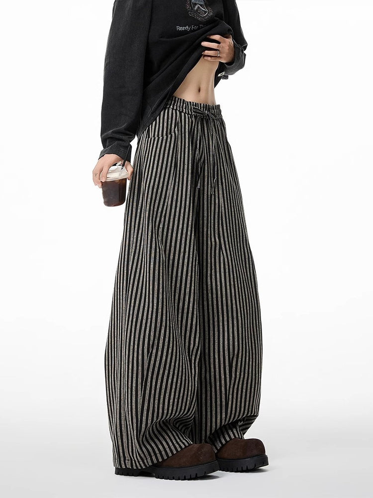 American relaxed, vertical striped slacks, men's and women's spring lazy style, straight-leg pants, scimitar wide-leg mop pants