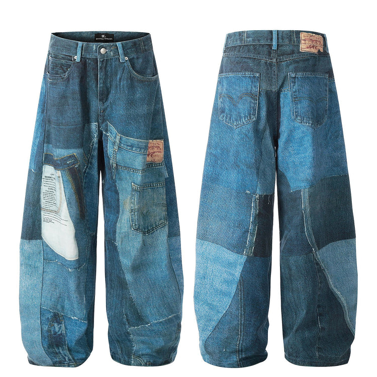 G6676 American Vintage Men's and Women's Premium Washed Blue Irregular Print Design Loose Men's Scimitar Jeans