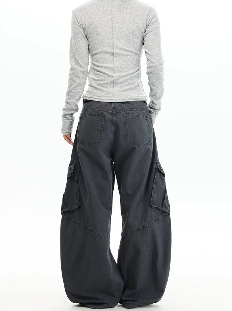 American trendy brand deconstructed multi-pocket washed utility pants for men and women, loose casual curved knife pants, jeans