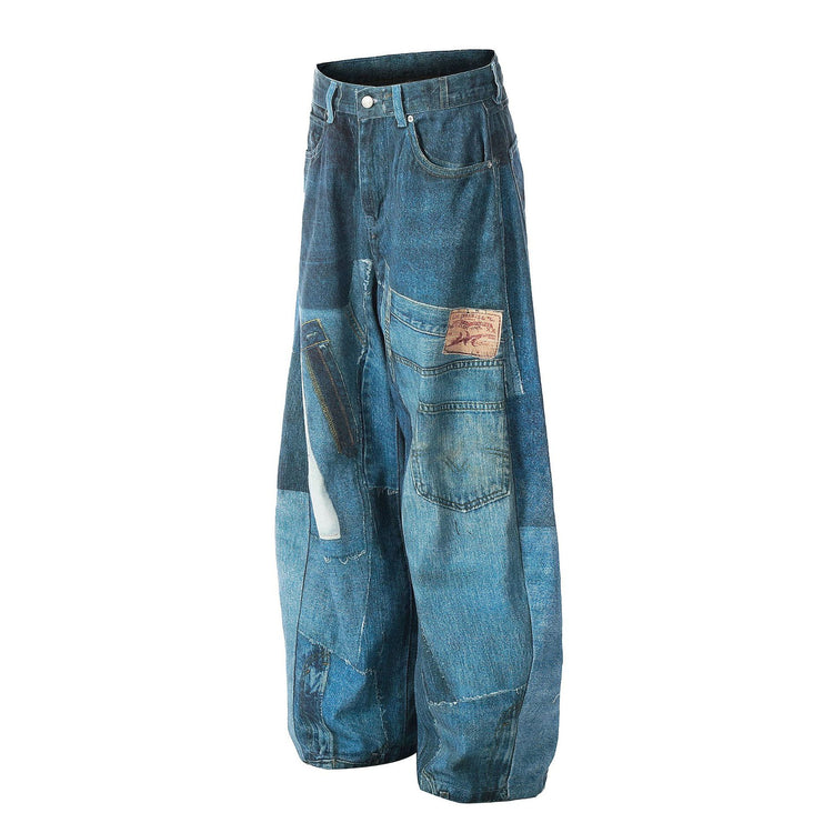 G6676 American Vintage Men's and Women's Premium Washed Blue Irregular Print Design Loose Men's Scimitar Jeans