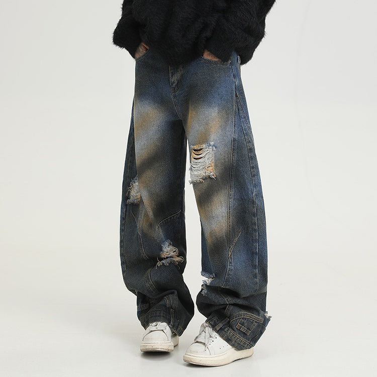 American-style inverted silhouette jeans for men, spring/autumn 2026, curved blade wide-leg high street stylish high-end vibe pants