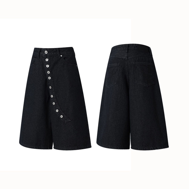 American high street irregular diagonal buttoned design original denim shorts for men and women, casual cropped pants, factory direct shipment
