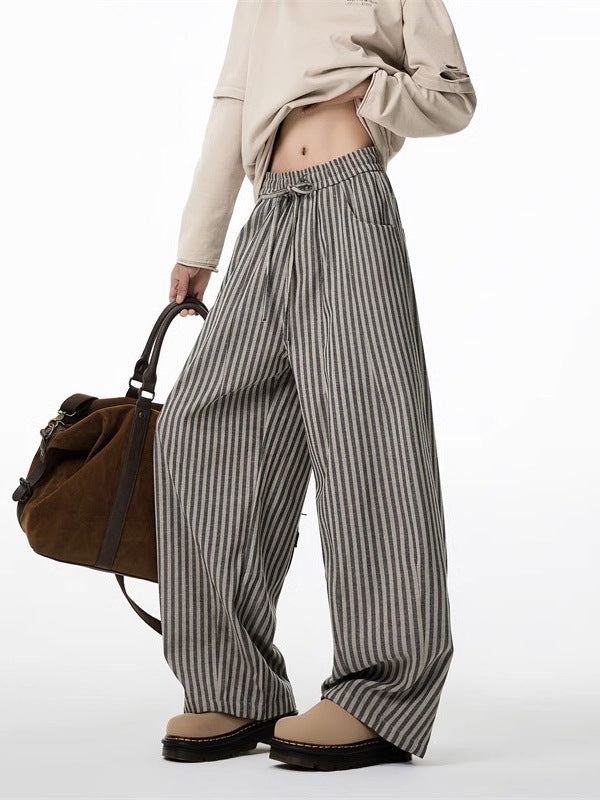 American relaxed, vertical striped slacks, men's and women's spring lazy style, straight-leg pants, scimitar wide-leg mop pants