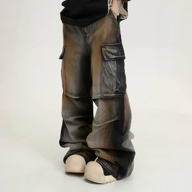 American vintage dirty dye distressed large pocket utility jeans, trendy street hip-hop spring/summer casual pants for men and women