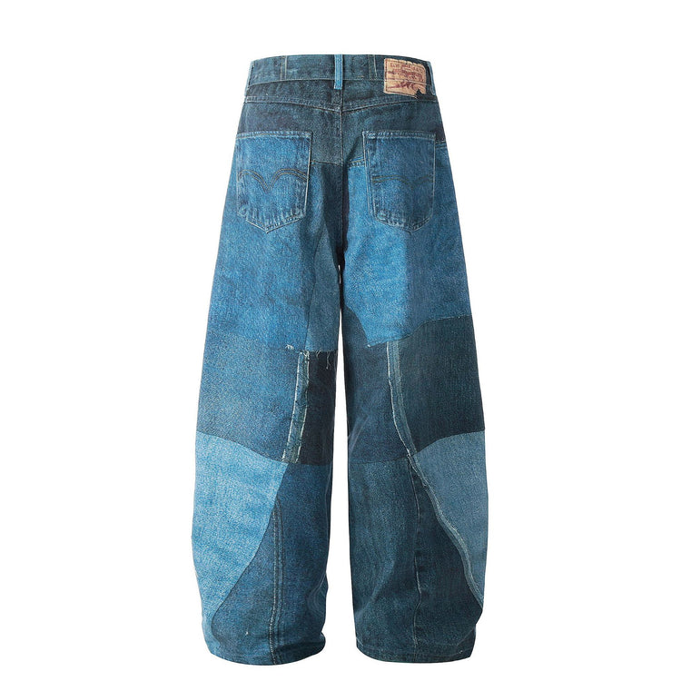 G6676 American Vintage Men's and Women's Premium Washed Blue Irregular Print Design Loose Men's Scimitar Jeans