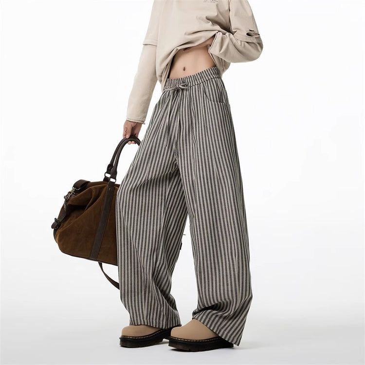 American relaxed, vertical striped slacks, men's and women's spring lazy style, straight-leg pants, scimitar wide-leg mop pants