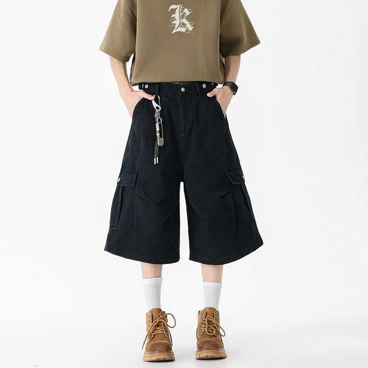 Summer new denim cropped pants for men, vintage washed trendy design, loose straight-leg drape workwear wide-leg pants