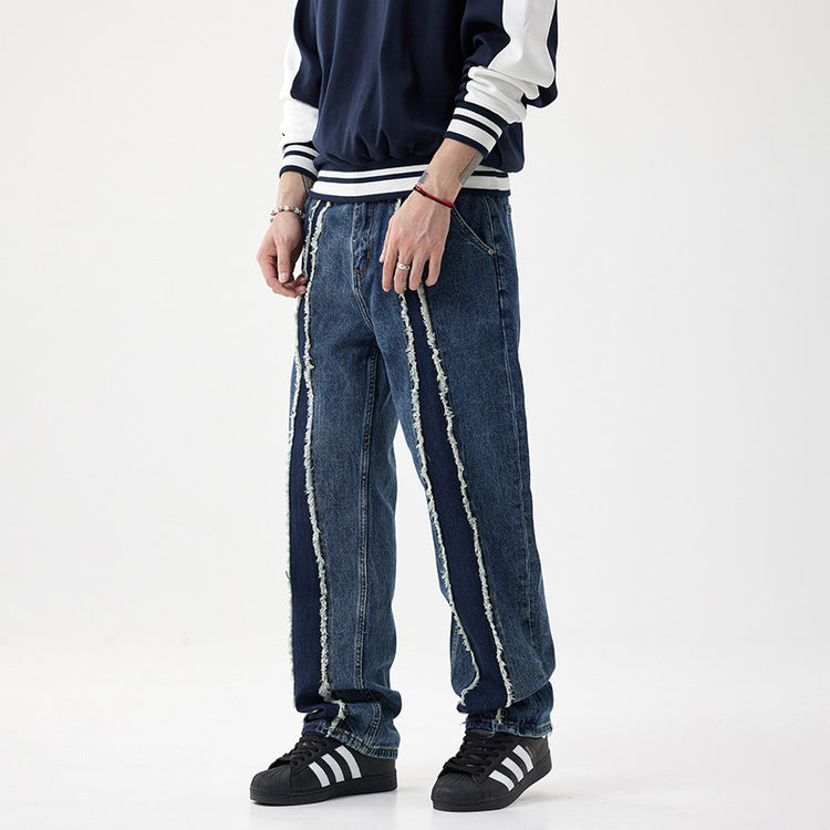 Men's Patchwork Jeans, Loose Straight-Leg Trendy Brand Autumn Heavyweight Washed High Street Versatile *** Design Pants for Men