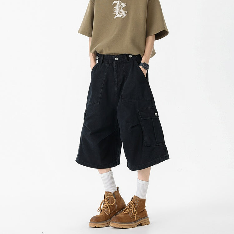 Summer new denim cropped pants for men, vintage washed trendy design, loose straight-leg drape workwear wide-leg pants