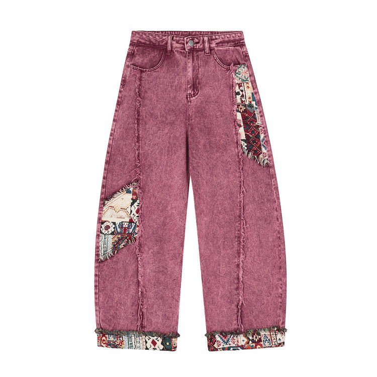 Contrasting patch patchwork scimitar jeans men's loose high street ins trendy brand ruffian wash water wide-leg long pants