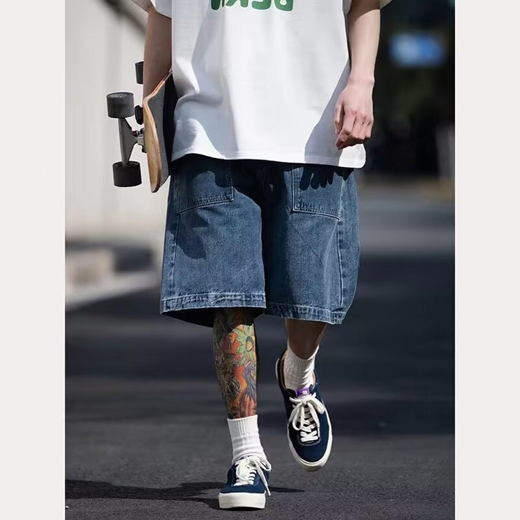 2024 Summer New Hong Kong Style Straight-Leg Plus Size Five-Point Pants, American High Street Trendy Student Denim Shorts