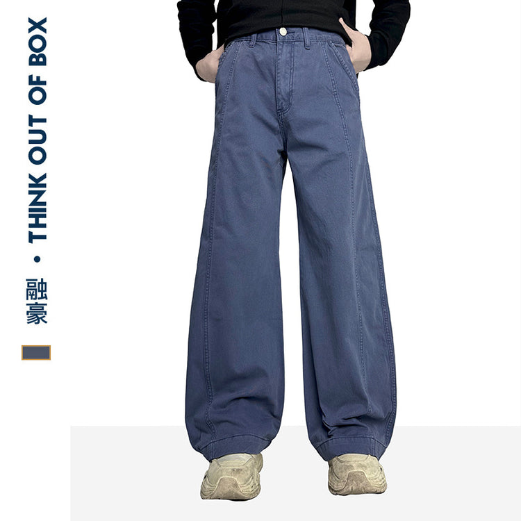 Autumn and winter new French blue retro high-waisted workwear casual trousers trendy design loose straight washed trousers