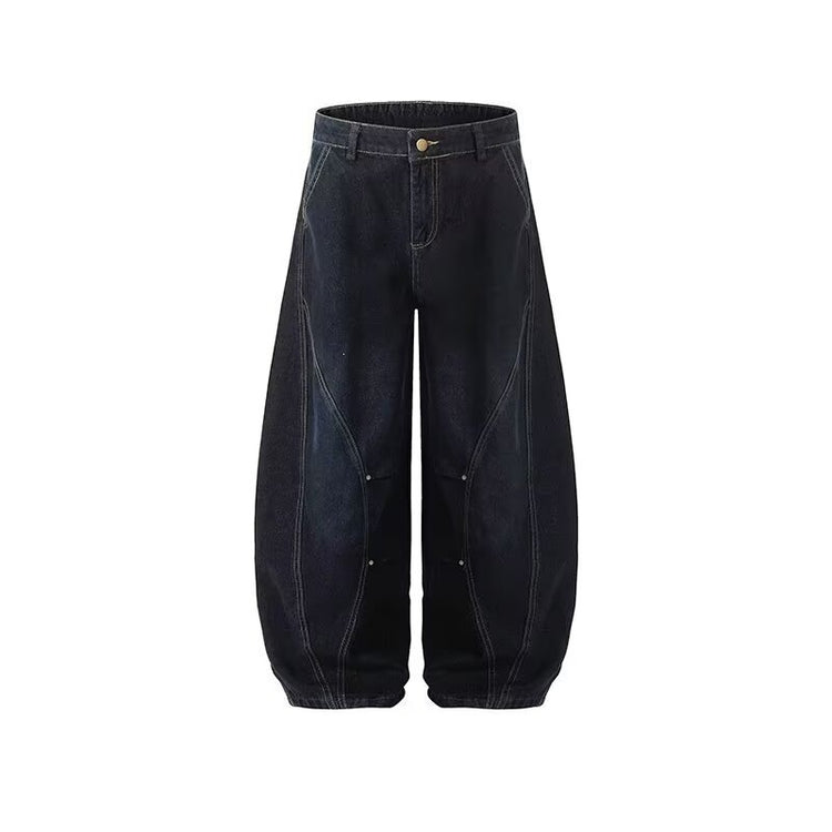 American vintage patchwork deconstructed collection of exposed lines and curved blade silhouette blue jeans for men, loose design wide-leg pants