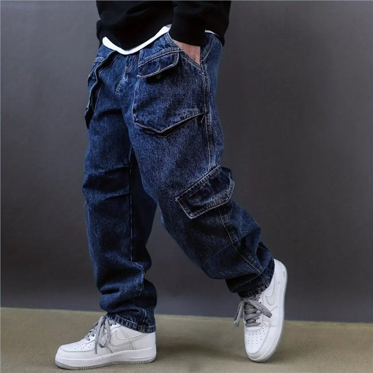 Retro multi-pocket utility jeans for men, 2026 spring, roguish cool loose high street straight-leg wide-leg deconstructed pants