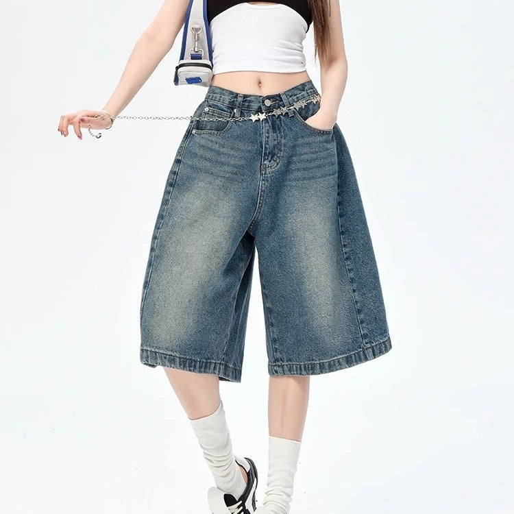 2026 American vintage casual relaxed denim five-point for men and women, new loose high street wide-leg mid-length pants trendy style