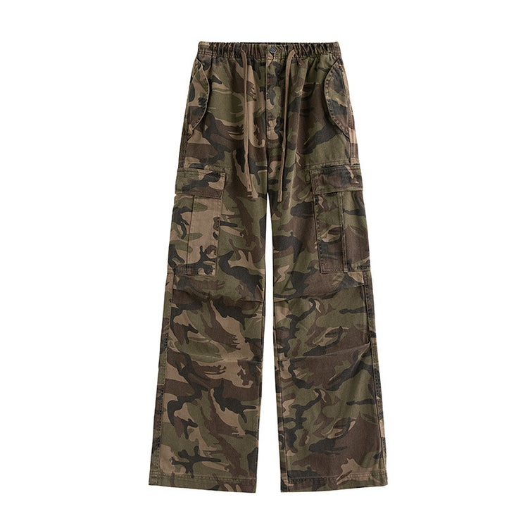 American vintage camouflage cargo pants for men, spring/autumn 2026 new loose straight-leg rugged paratrooper floor-length jeans