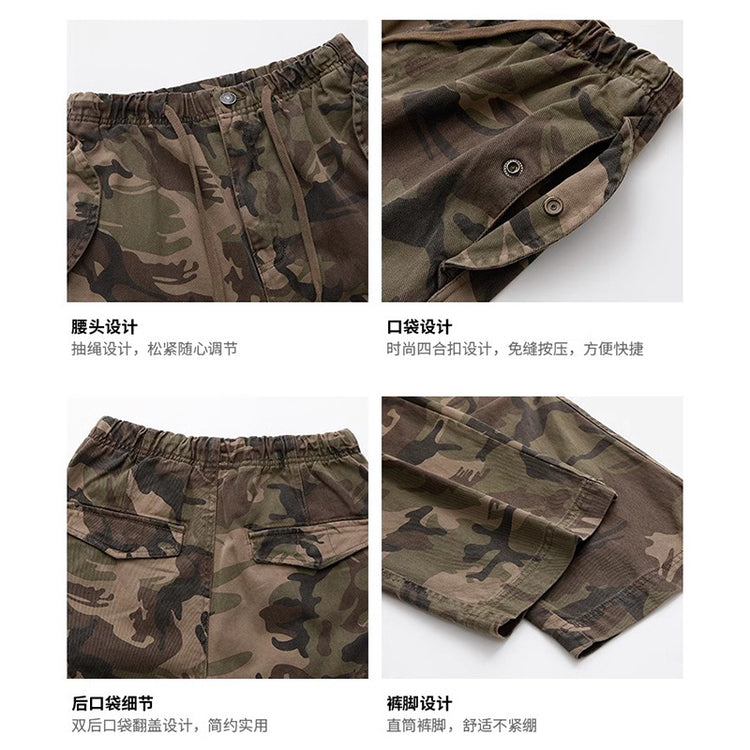 American vintage camouflage cargo pants for men, spring/autumn 2026 new loose straight-leg rugged paratrooper floor-length jeans
