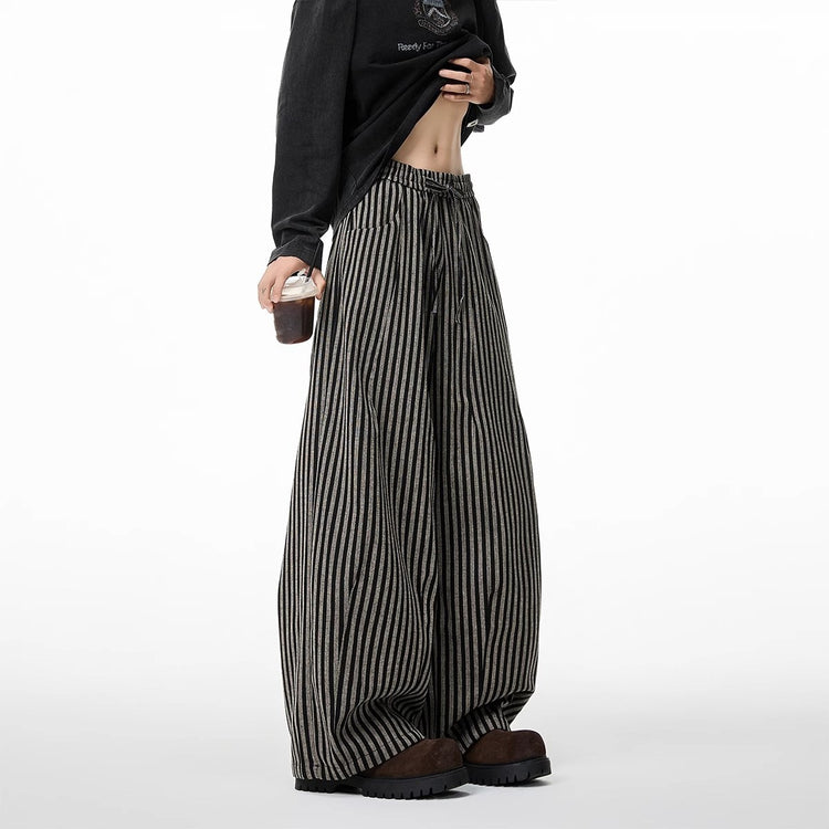 American relaxed, vertical striped slacks, men's and women's spring lazy style, straight-leg pants, scimitar wide-leg mop pants