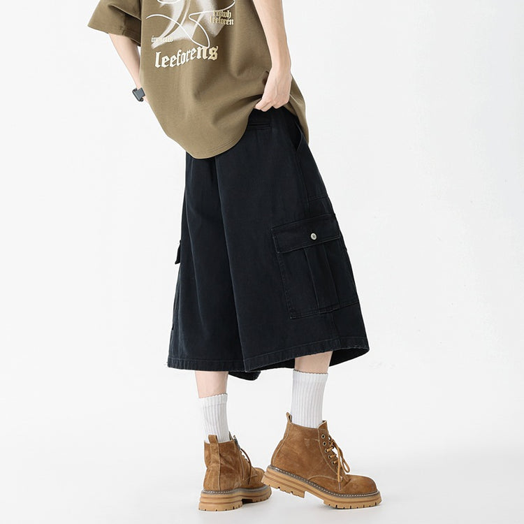 Summer new denim cropped pants for men, vintage washed trendy design, loose straight-leg drape workwear wide-leg pants