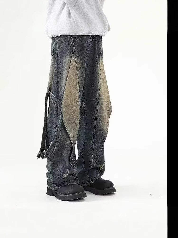 Retro deconstructed ripped cargo jeans for men and women new spring summer premium vibe distressed washed straight pants