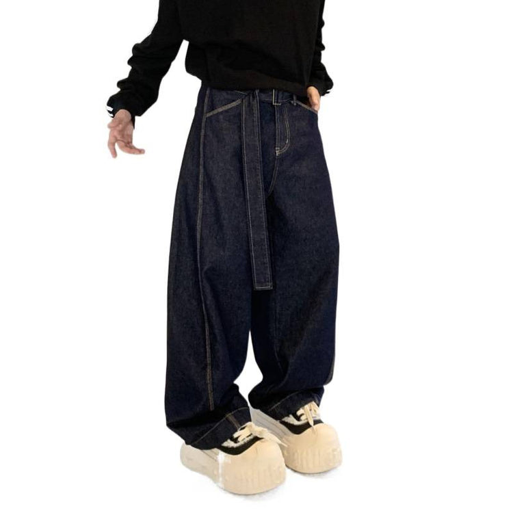 New trendy brand loose straight dark blue washed jeans scimitar pants for men