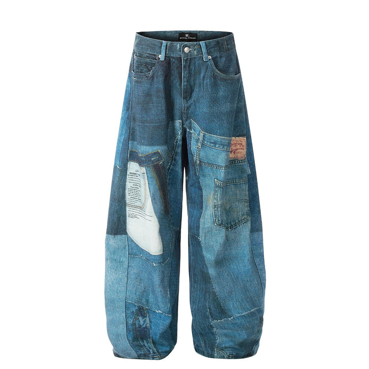 G6676 American Vintage Men's and Women's Premium Washed Blue Irregular Print Design Loose Men's Scimitar Jeans