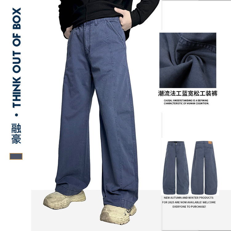 Autumn and winter new French blue retro high-waisted workwear casual trousers trendy design loose straight washed trousers