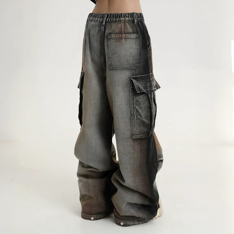 American vintage dirty dye distressed large pocket utility jeans, trendy street hip-hop spring/summer casual pants for men and women