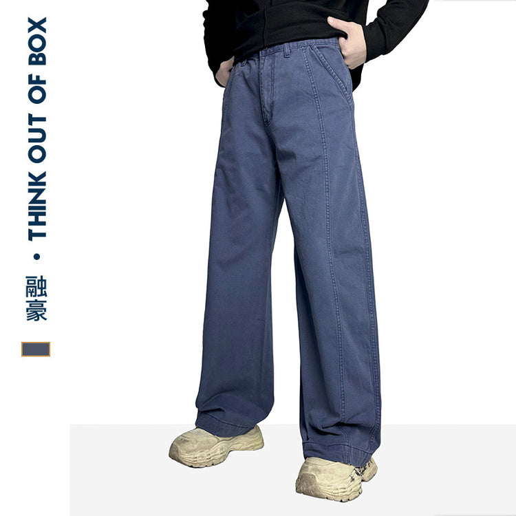Autumn and winter new French blue retro high-waisted workwear casual trousers trendy design loose straight washed trousers