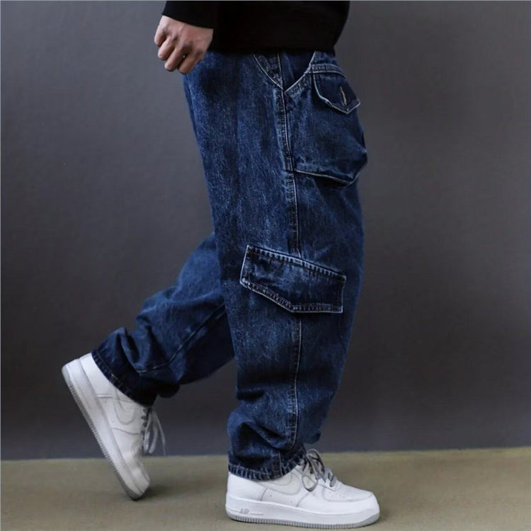 Retro multi-pocket utility jeans for men, 2026 spring, roguish cool loose high street straight-leg wide-leg deconstructed pants