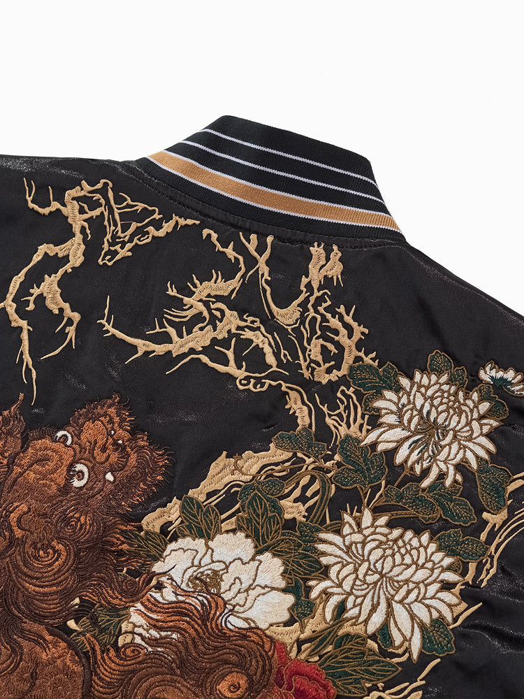 Huaxia Junpin Chinese style national tide heavy industry embroidery peony flower unicorn jacket men's casual baseball uniform jacket A095