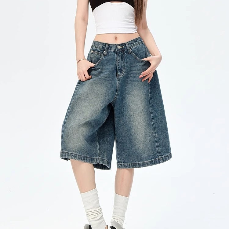2026 American vintage casual relaxed denim five-point for men and women, new loose high street wide-leg mid-length pants trendy style