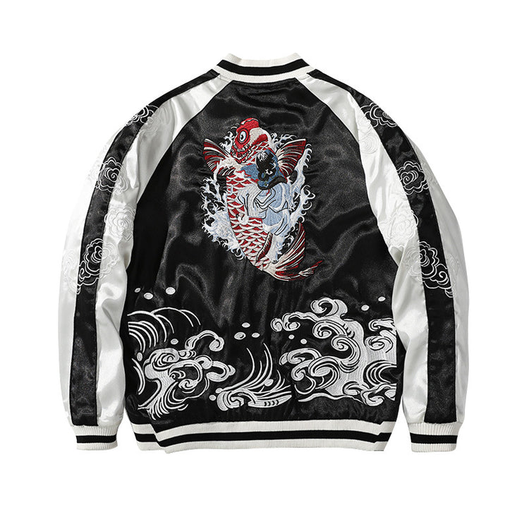 Cross-border carp embroidery jacket, heavy-work embroidered fish dragon national trend jacket, divine beast spring and autumn reversible couple jacket