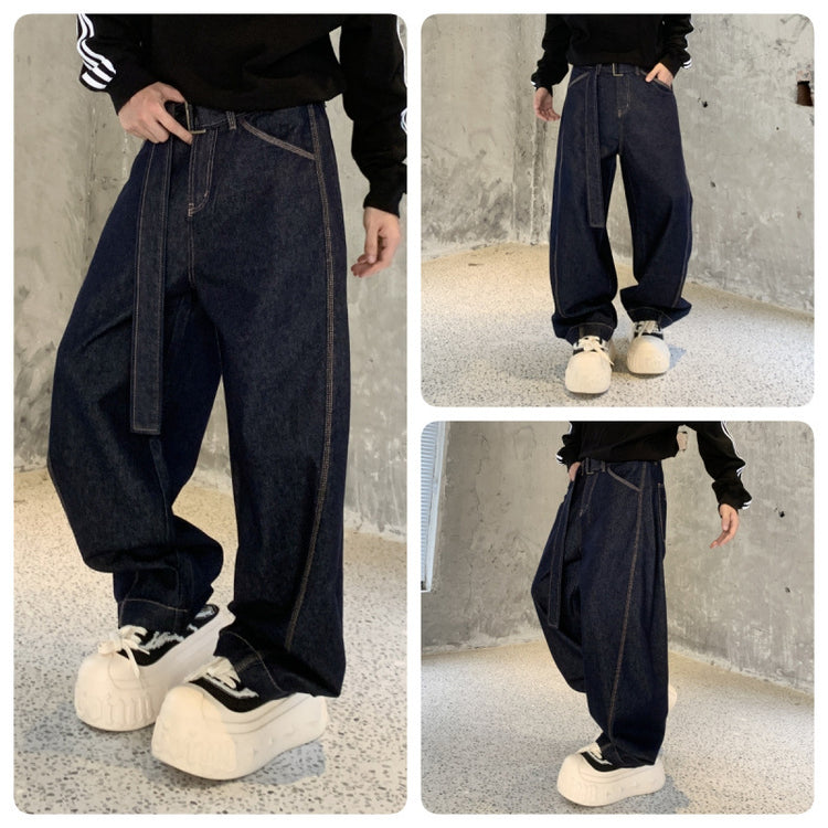 New trendy brand loose straight dark blue washed jeans scimitar pants for men