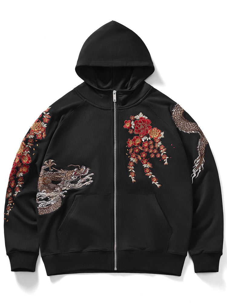 Huaxia Junpin Chinese style embroidery Feilong Heavy Industry embroidered hooded cardigan zipper sweatshirt trendy brand jacket W008