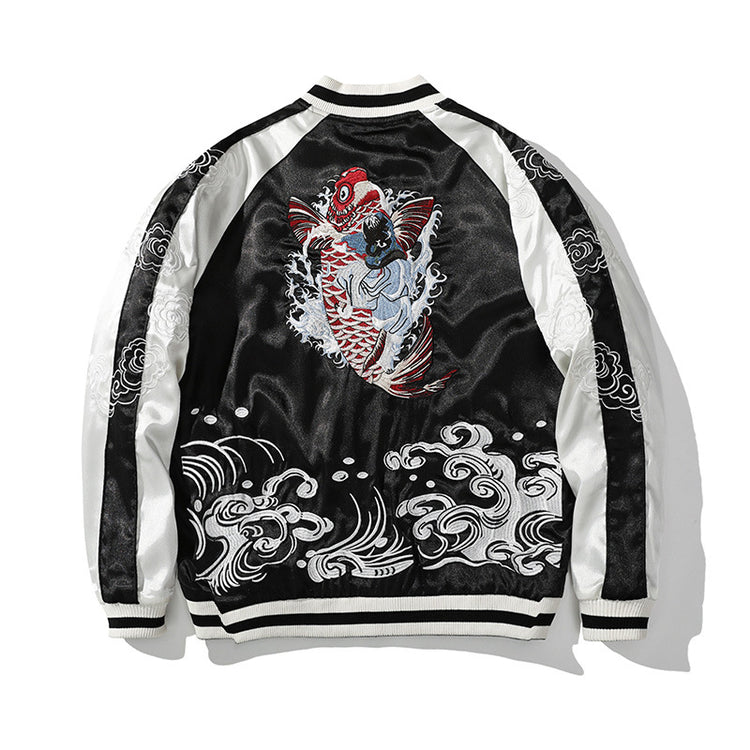 Cross-border carp embroidery jacket, heavy-work embroidered fish dragon national trend jacket, divine beast spring and autumn reversible couple jacket