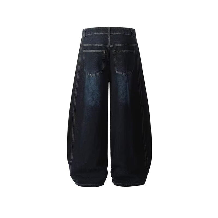 American vintage patchwork deconstructed collection of exposed lines and curved blade silhouette blue jeans for men, loose design wide-leg pants