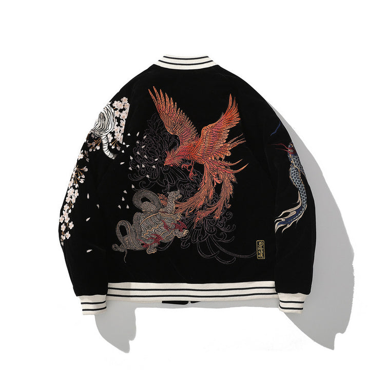 Cross-border Yokosuka Heavy Industry embroidered men's cotton jacket, Four Divine Beasts Dragon Vermilion Bird embroidered cotton jacket, personalized Chinese style
