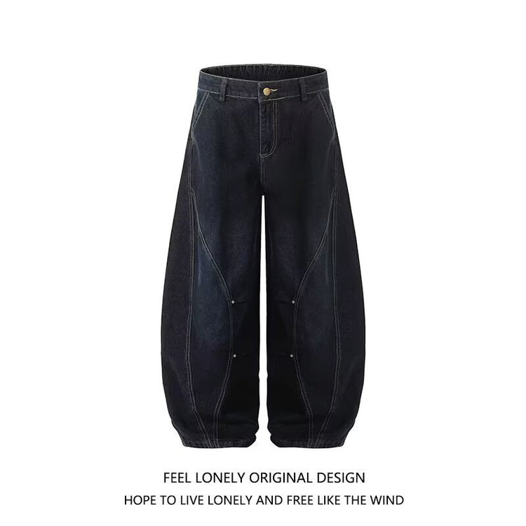 American vintage patchwork deconstructed collection of exposed lines and curved blade silhouette blue jeans for men, loose design wide-leg pants