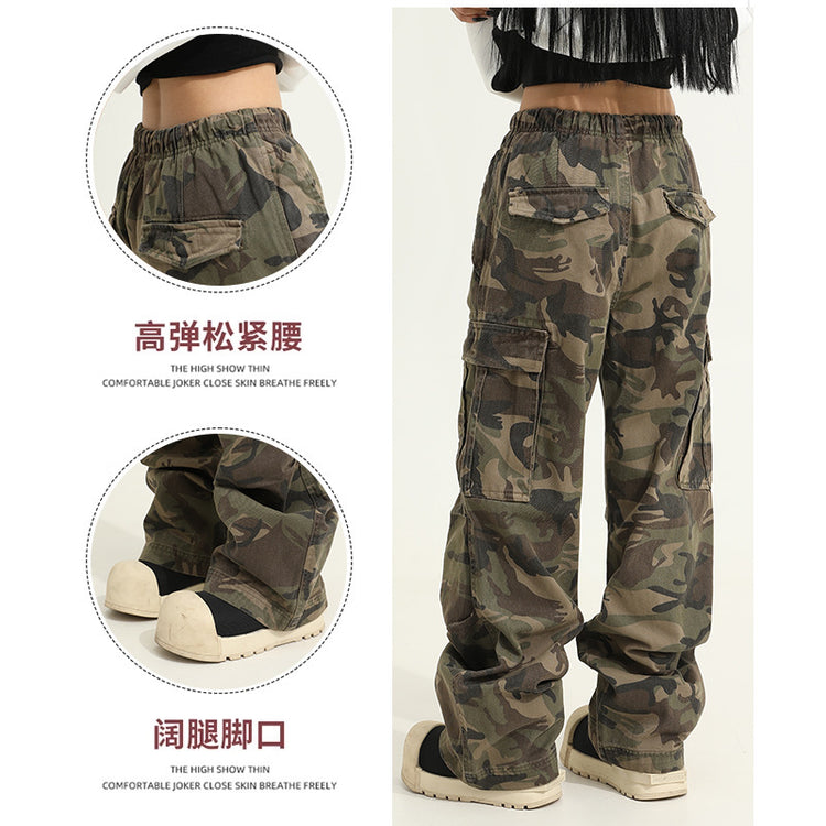 American vintage camouflage cargo pants for men, spring/autumn 2026 new loose straight-leg rugged paratrooper floor-length jeans