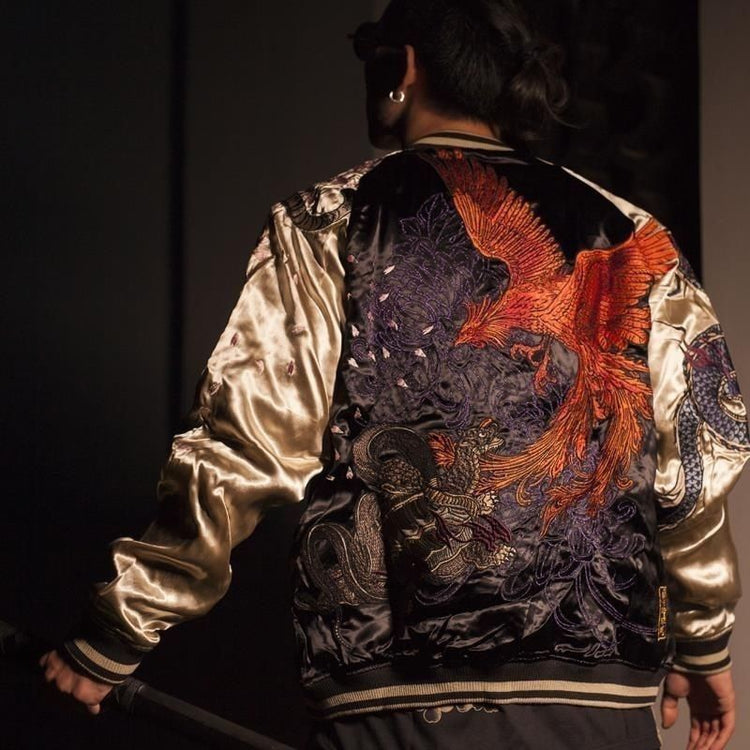 Ukiyo-e men's heavy-duty printed blue dragon and white tiger Four Divine Beasts jacket, autumn and winter new long-sleeve jacket, the Four Divine Beasts