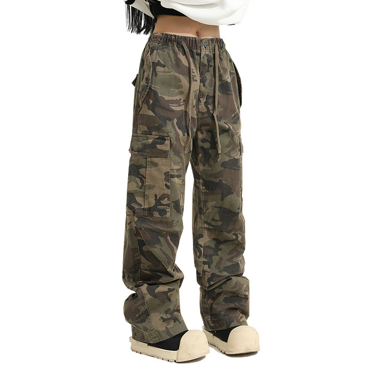 American vintage camouflage cargo pants for men, spring/autumn 2026 new loose straight-leg rugged paratrooper floor-length jeans