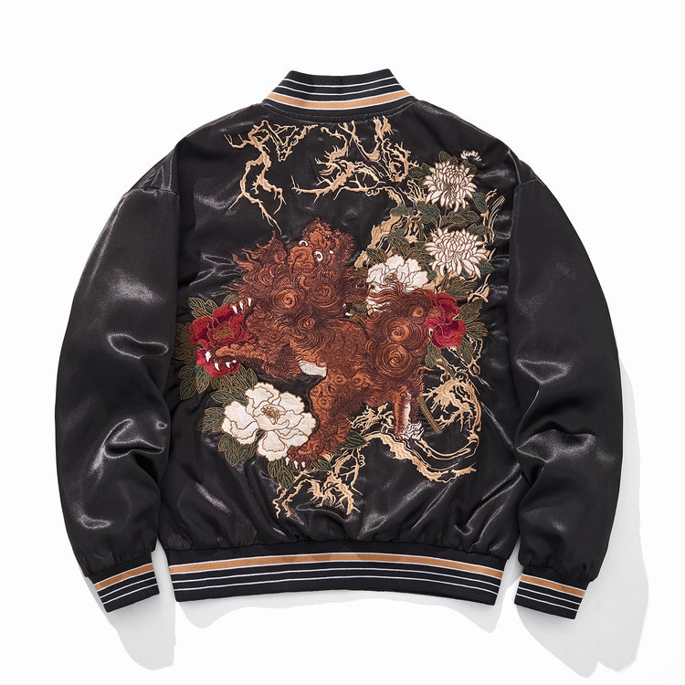 Huaxia Junpin Chinese style national tide heavy industry embroidery peony flower unicorn jacket men's casual baseball uniform jacket A095